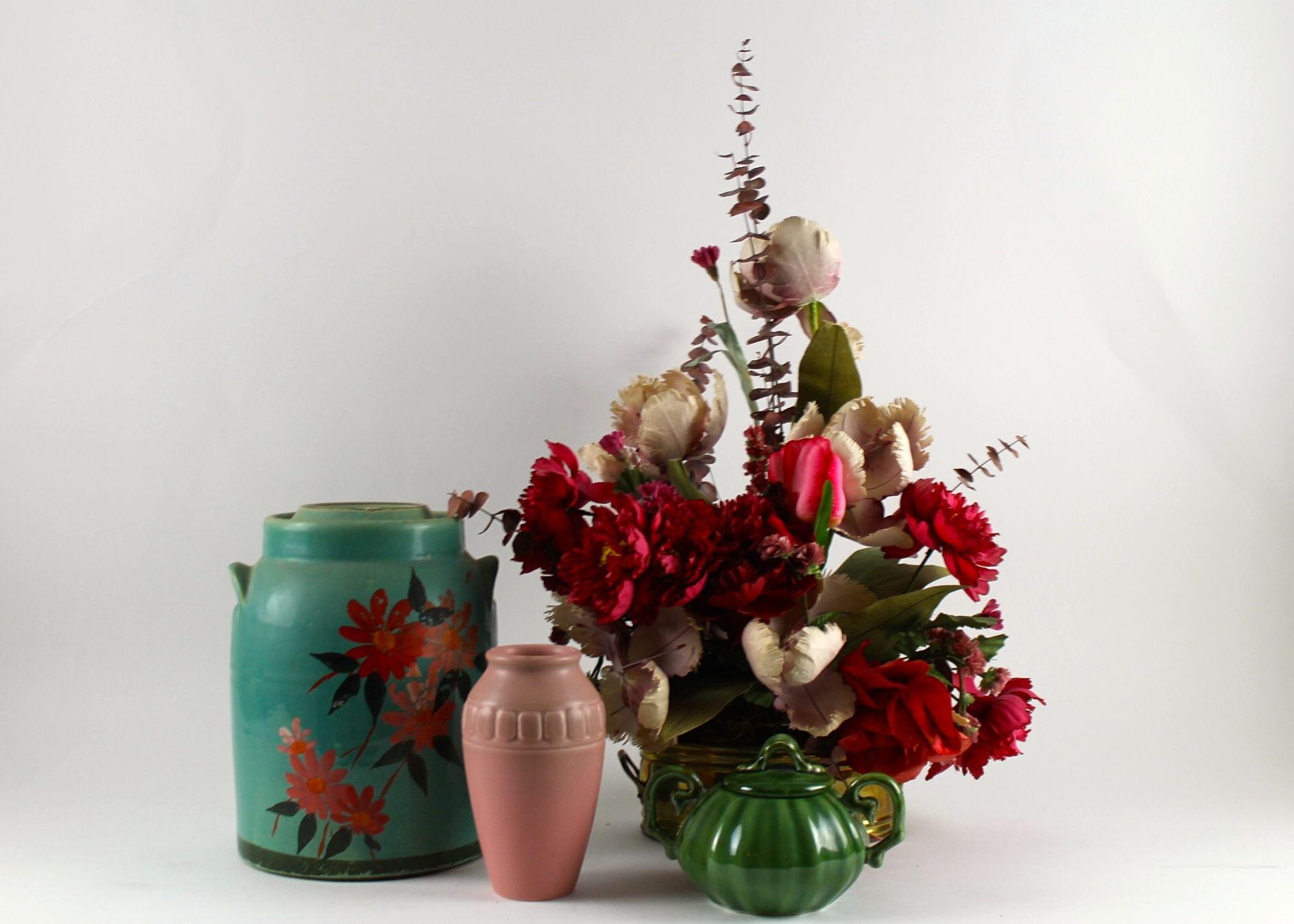 Vintage Pottery Crock & Flower Arrangement