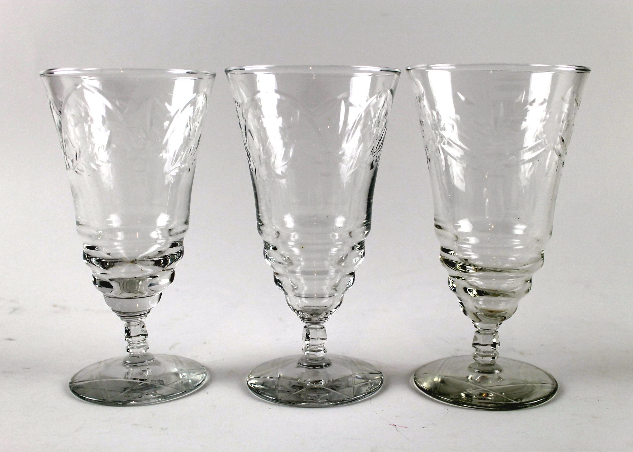Three Etched Crystal Water Glasses