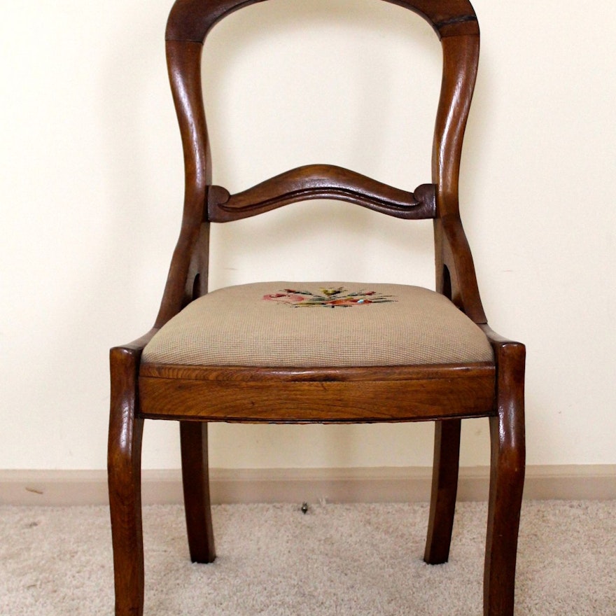 Antique Carved Rosewood Chair with Needlepoint Seat