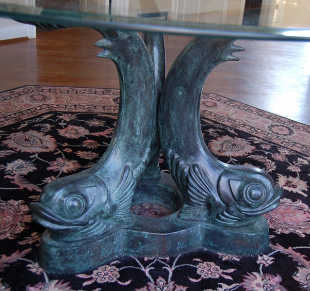 Maitland-Smith Etched Glass Table Top on Bronze Sculpture Base 