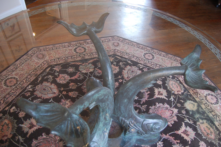 Maitland-Smith Etched Glass Table Top on Bronze Sculpture Base 