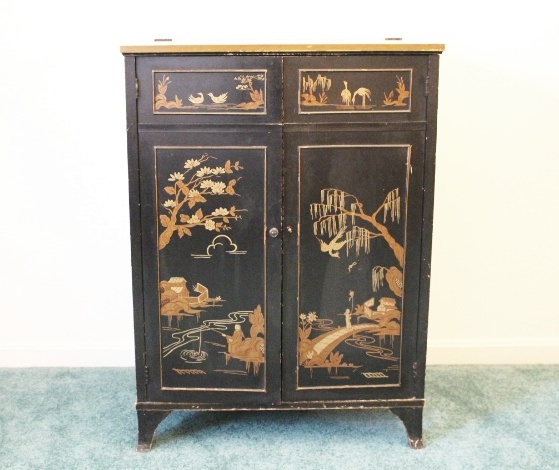 Art Deco Vintage Asian Hand Painted Wood Liquor Cabinet