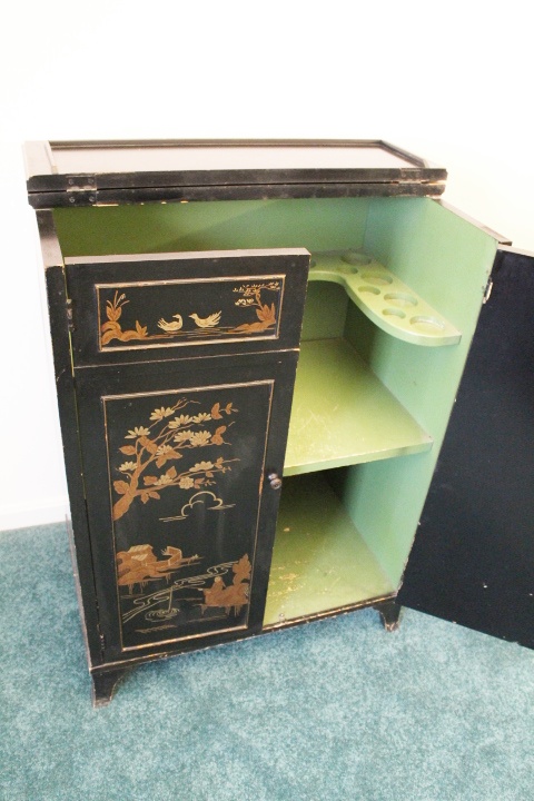 Art Deco Vintage Asian Hand Painted Wood Liquor Cabinet