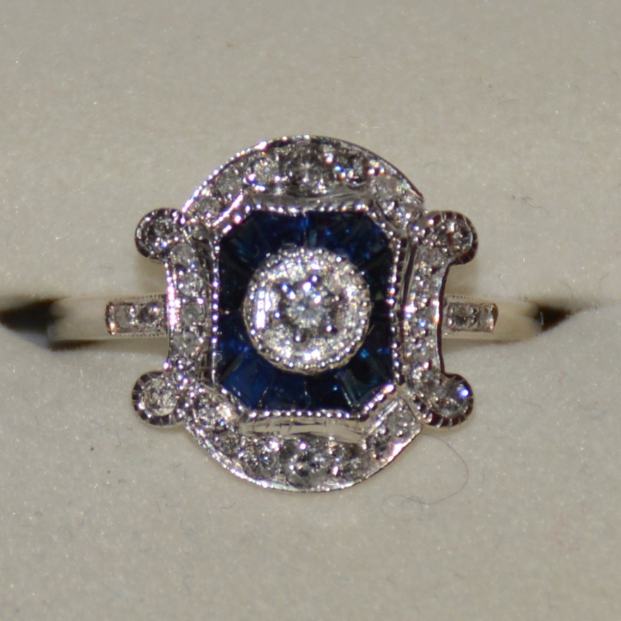 Art Deco Style Synthetic Sapphire and Diamond Ring 