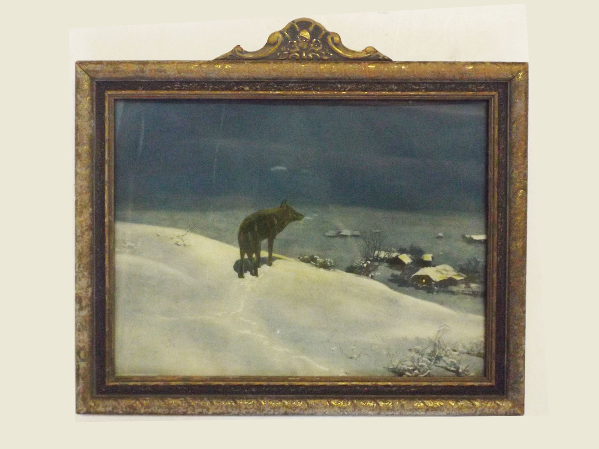 Vintage Print of a Wolf on a Snowy Hill