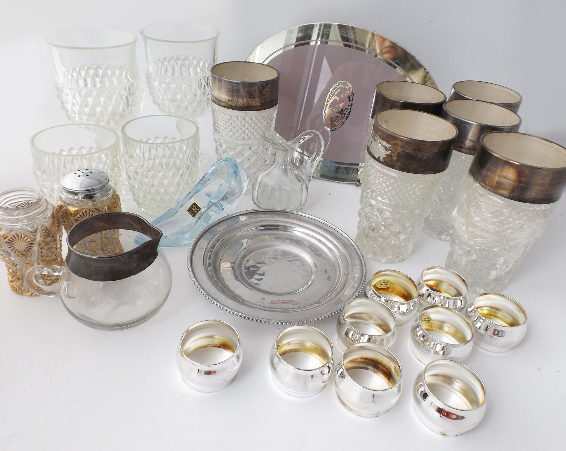A Group of Vintage Pressed Glassware with Silverplate Details