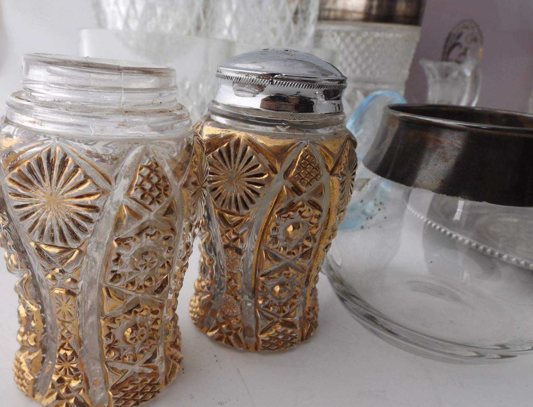 A Group of Vintage Pressed Glassware with Silverplate Details