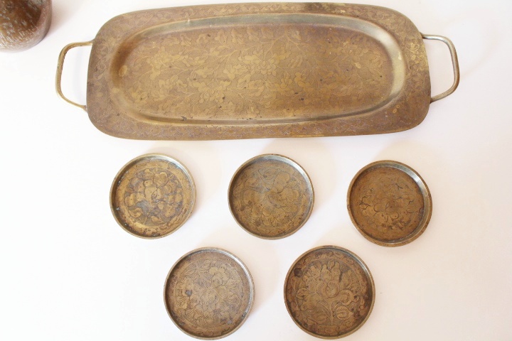 Vintage Brass Tray and Coasters with Items by Lilly