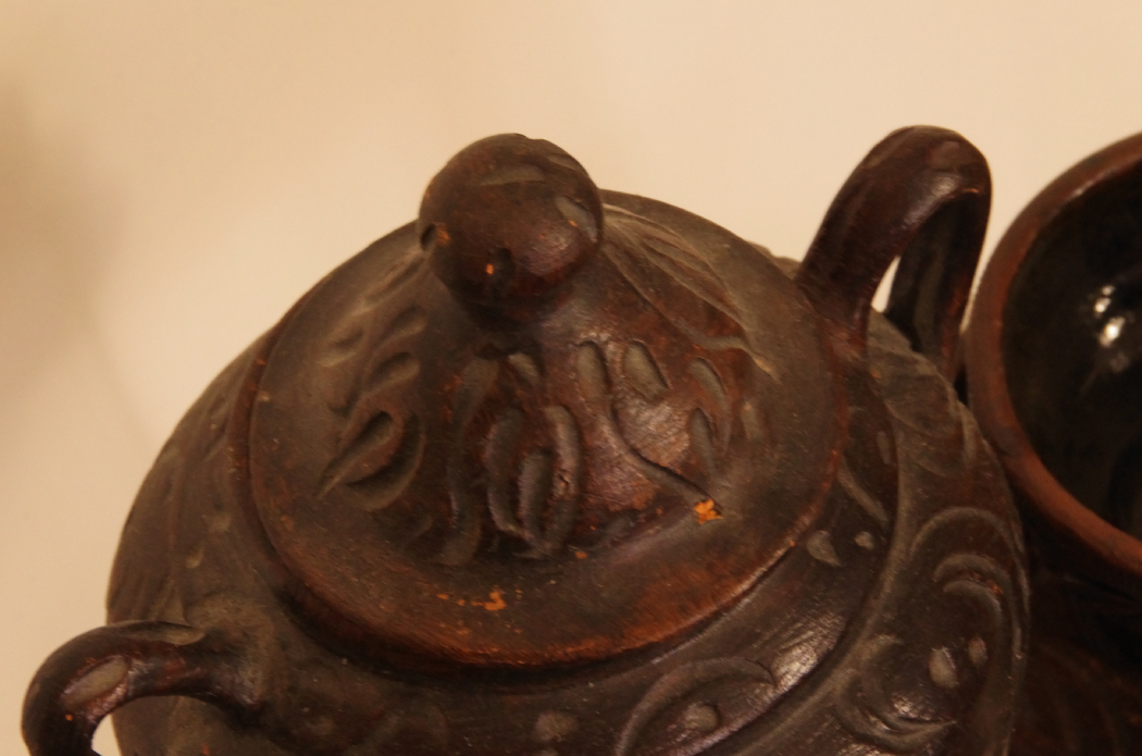 Vintage Mexican Carved Pottery Tea Set in Rich Brown