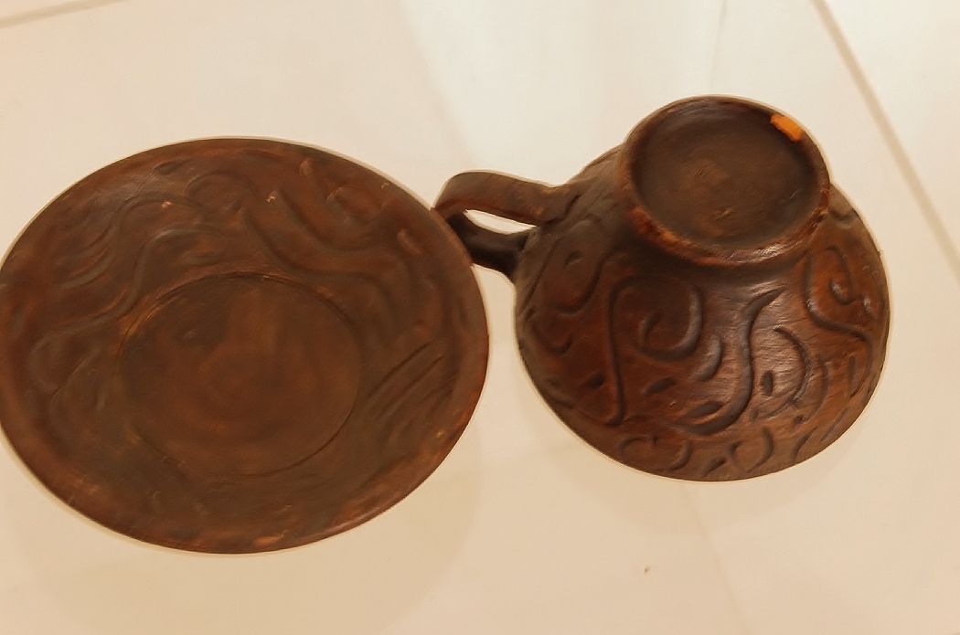 Vintage Mexican Carved Pottery Tea Set in Rich Brown