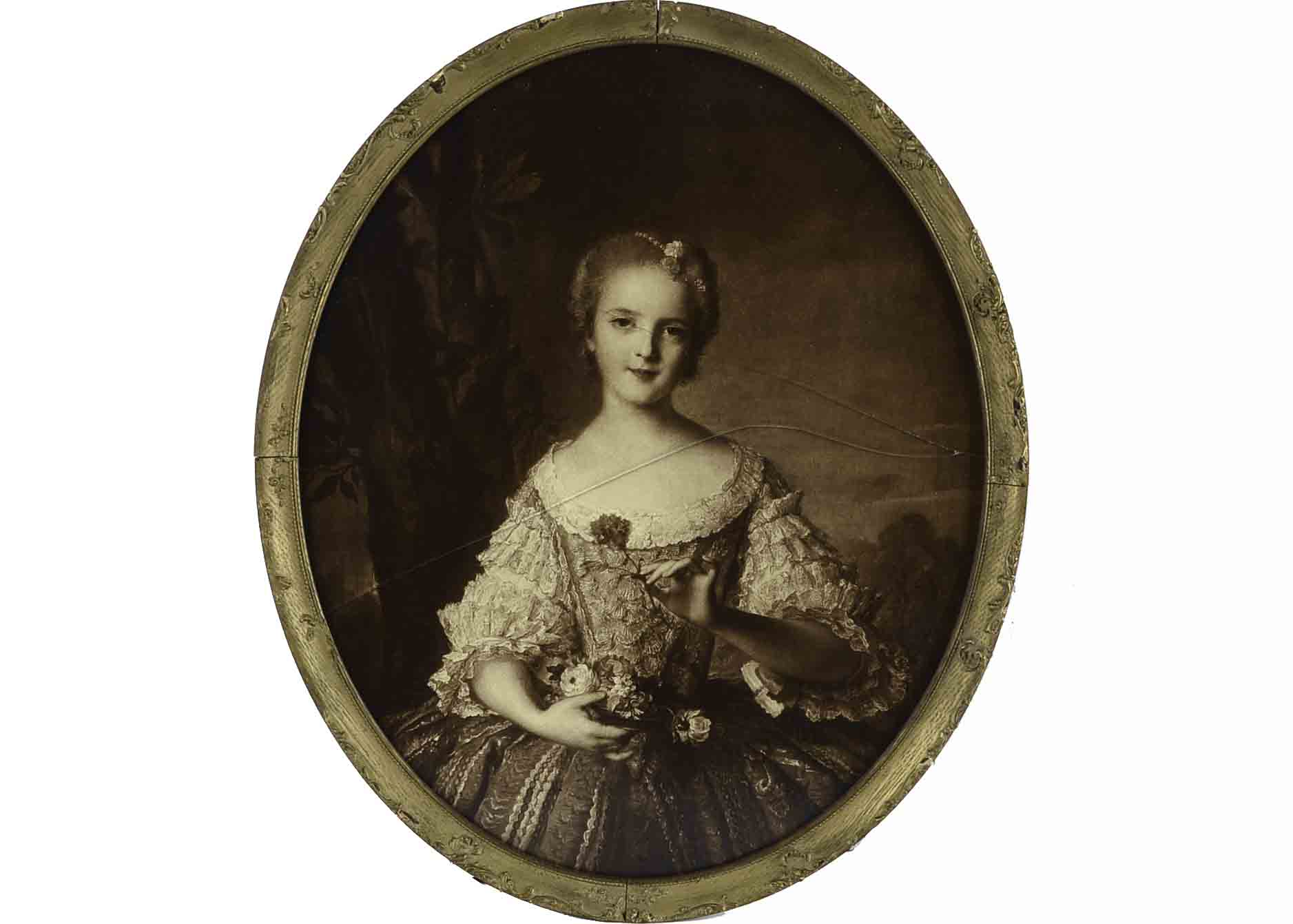 Two Vintage Prints in Oval Gesso Style Frames