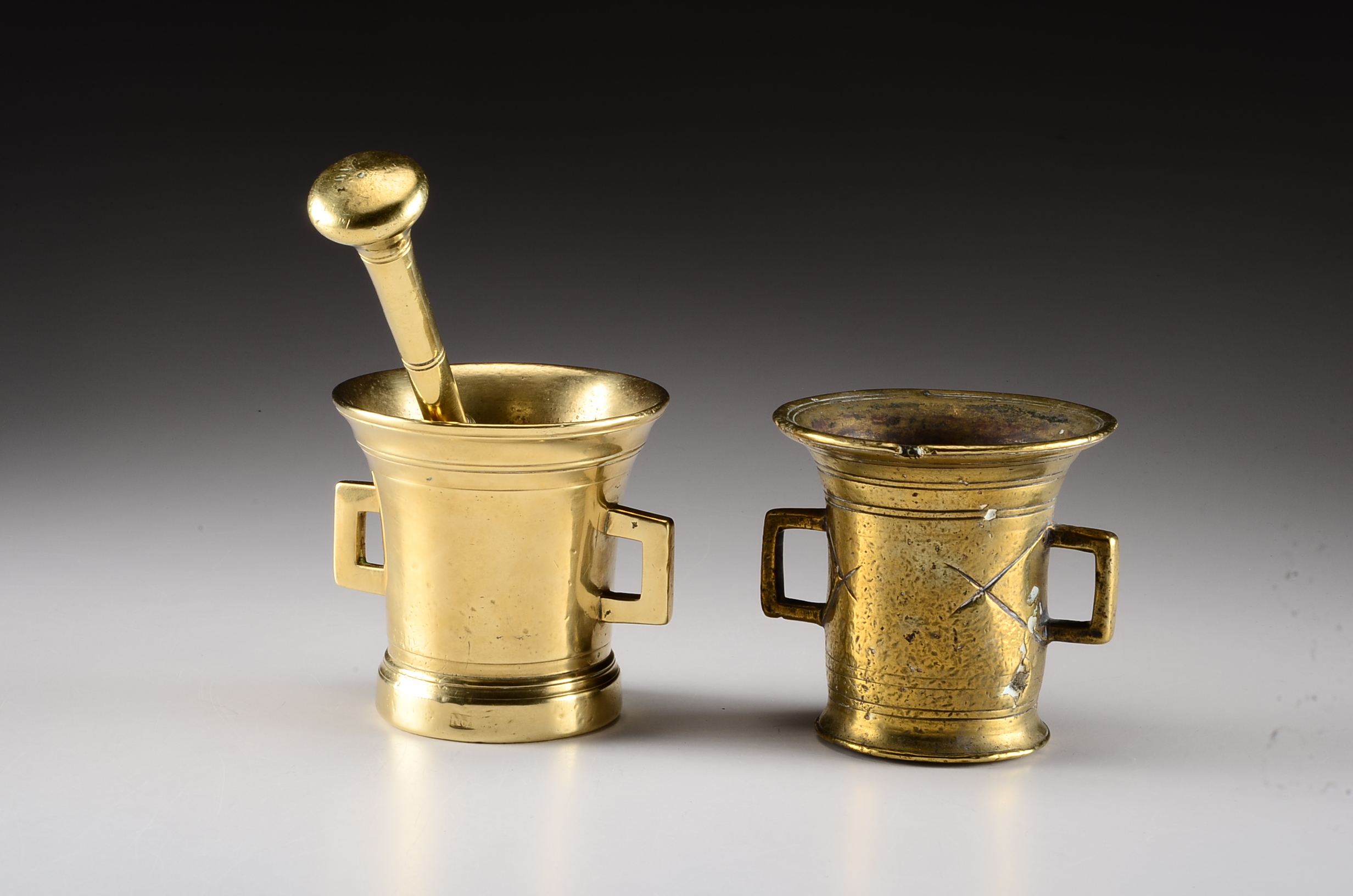 Two Vintage Solid Brass Mortars and a Solid Brass Pestle
