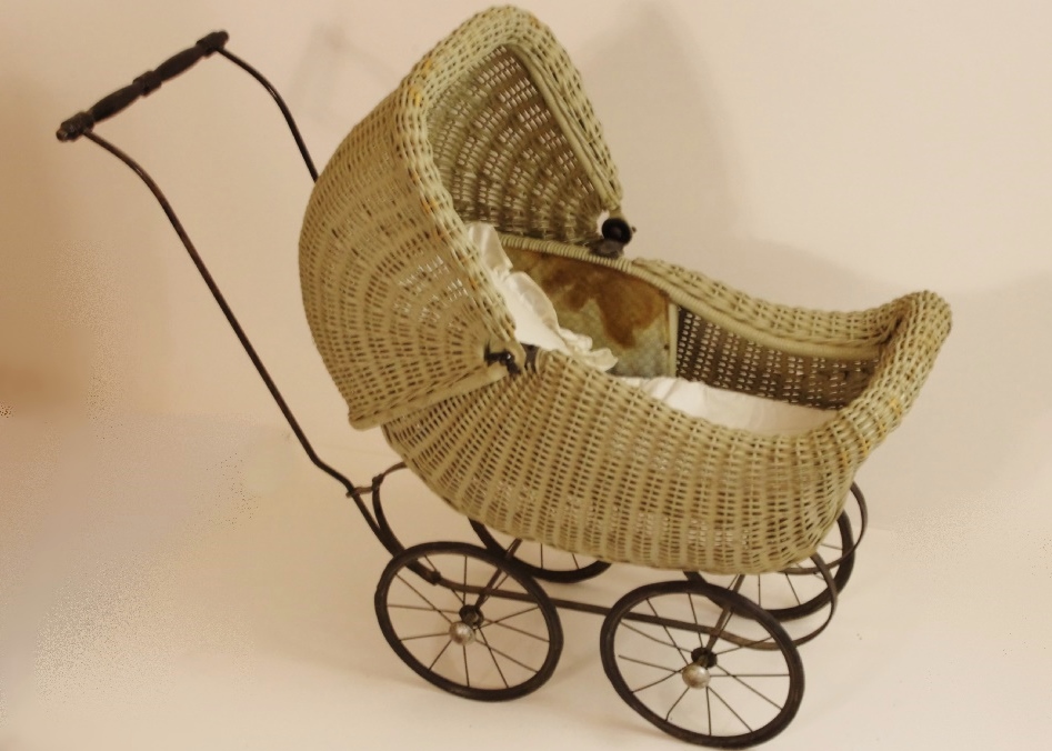 Circa 1920s Wicker Doll Buggy with Muted Sage Green Finish