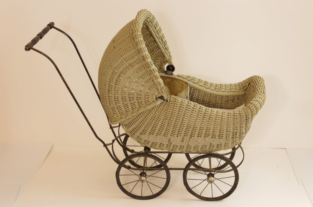 Circa 1920s Wicker Doll Buggy with Muted Sage Green Finish