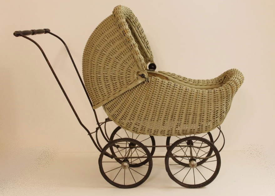 Circa 1920s Wicker Doll Buggy with Muted Sage Green Finish