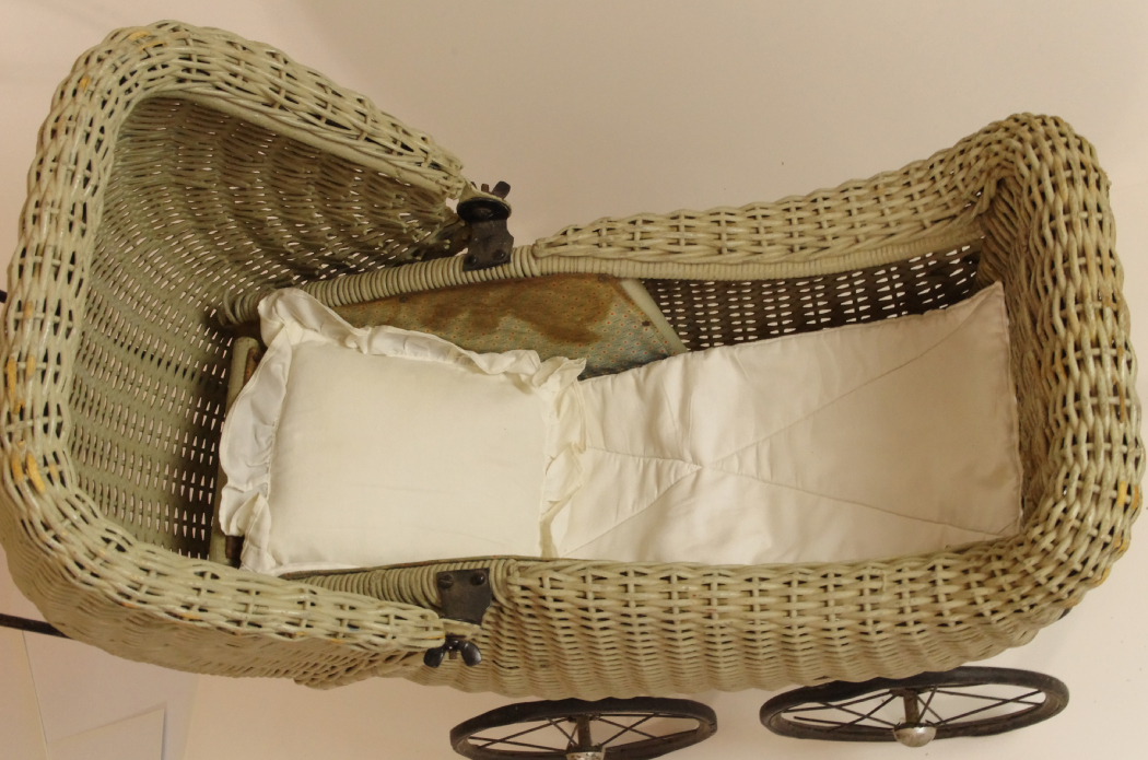 Circa 1920s Wicker Doll Buggy with Muted Sage Green Finish