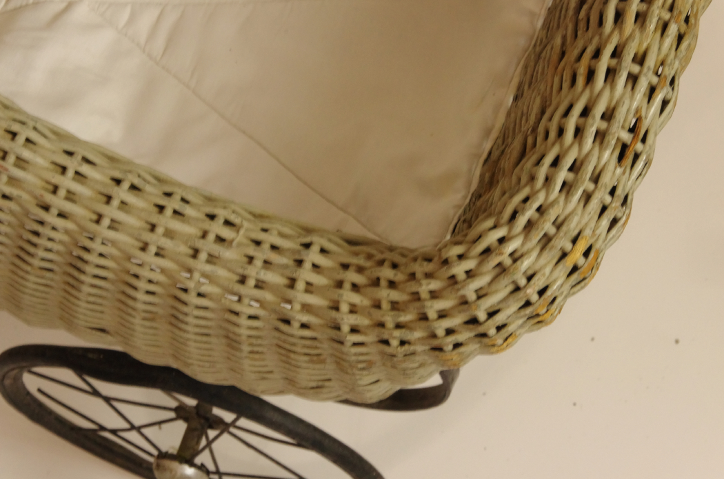 Circa 1920s Wicker Doll Buggy with Muted Sage Green Finish