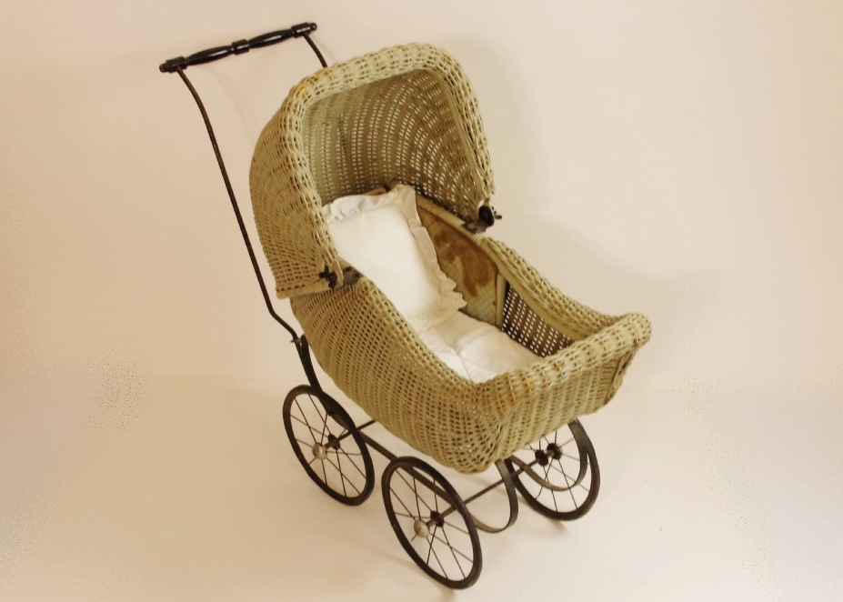 Circa 1920s Wicker Doll Buggy with Muted Sage Green Finish