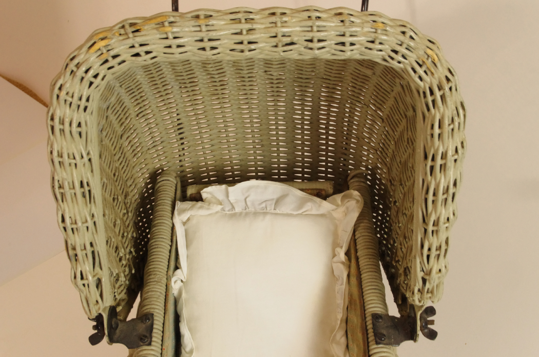 Circa 1920s Wicker Doll Buggy with Muted Sage Green Finish