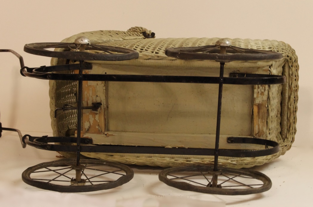 Circa 1920s Wicker Doll Buggy with Muted Sage Green Finish