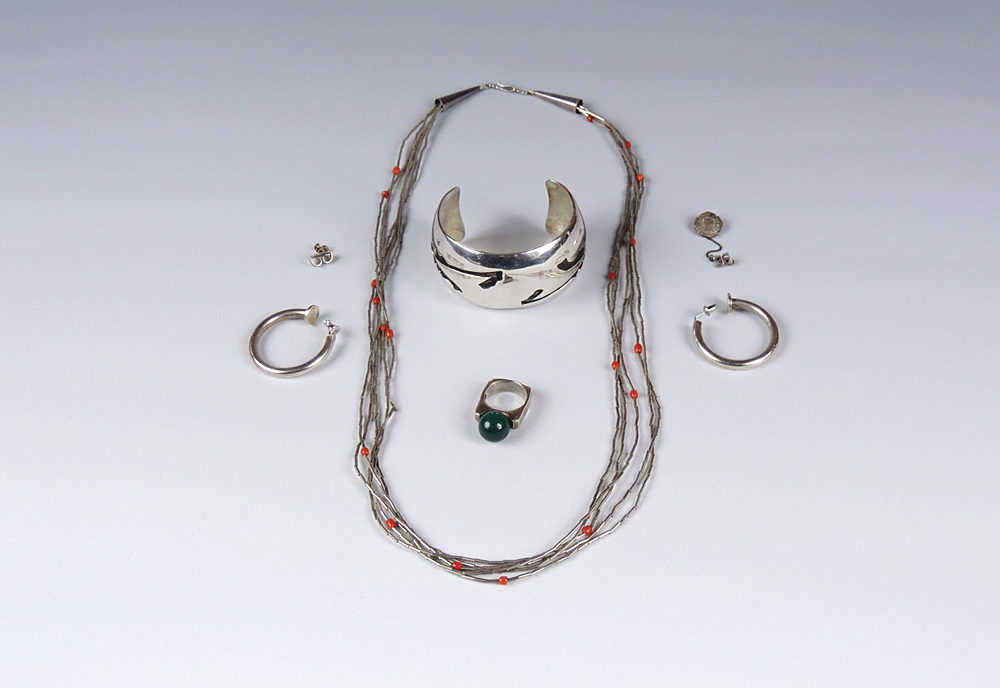 Silver Cuff Bracelet, Necklace, Ring and Earrings