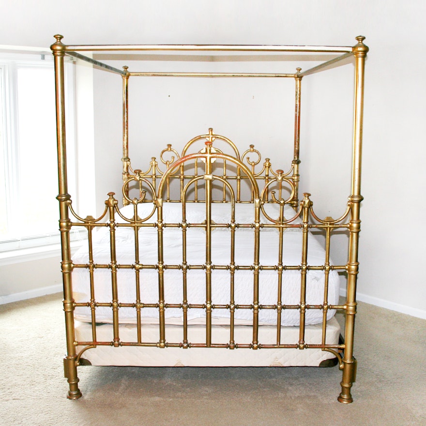 Queen Size Brass Plated Canopy Bed Frame