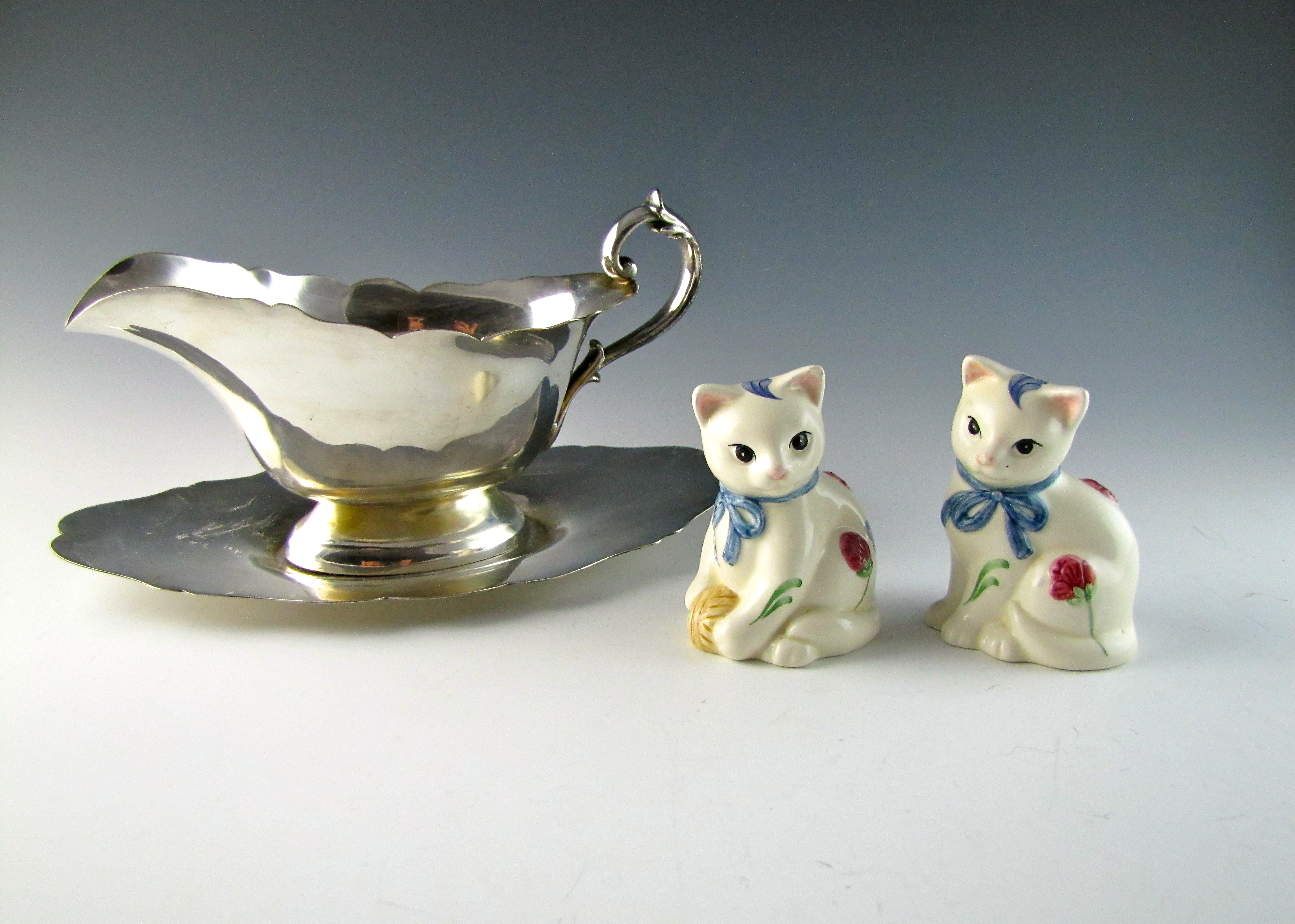 Lenox Salt and Pepper Kittens and Silver Plate Gravy Set