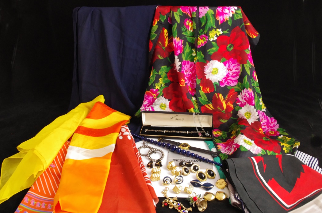 Collection of Vintage Scarves and Jewelry Includes Sterling