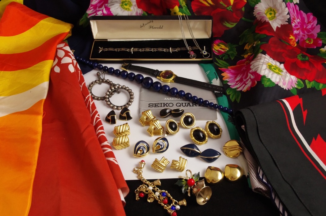 Collection of Vintage Scarves and Jewelry Includes Sterling