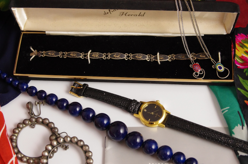 Collection of Vintage Scarves and Jewelry Includes Sterling