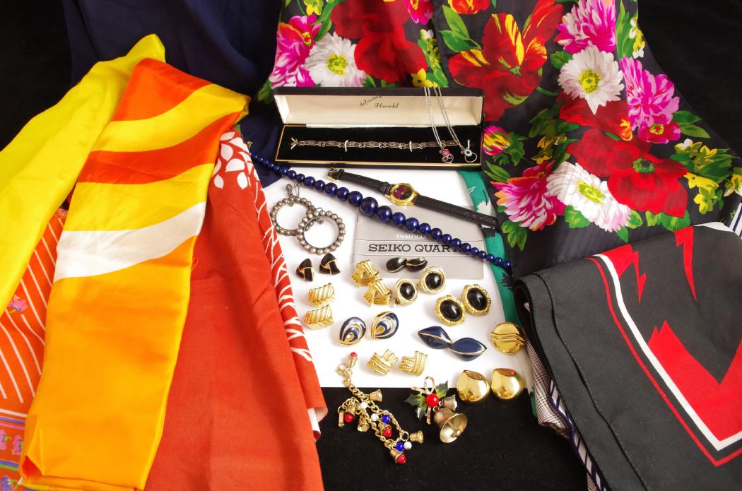 Collection of Vintage Scarves and Jewelry Includes Sterling