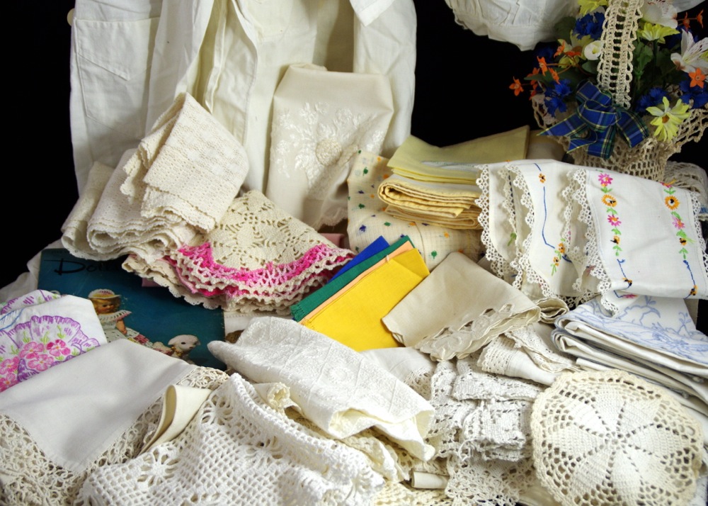 Collection of Lace and Embroidered Linens, with Vintage Clothing