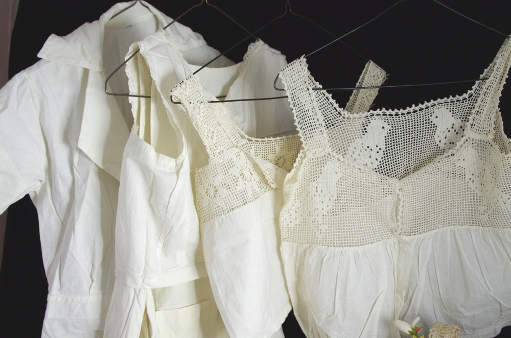 Collection of Lace and Embroidered Linens, with Vintage Clothing