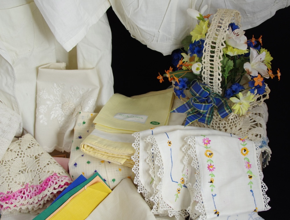 Collection of Lace and Embroidered Linens, with Vintage Clothing