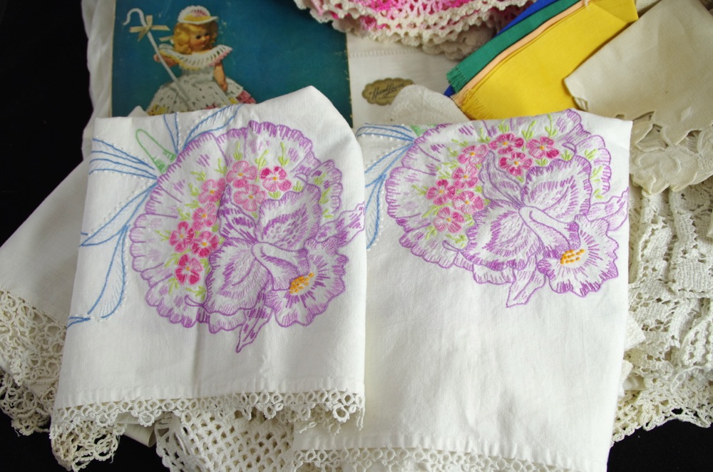 Collection of Lace and Embroidered Linens, with Vintage Clothing