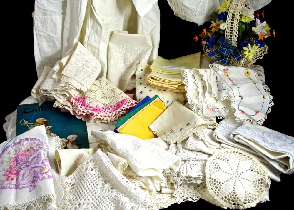 Collection of Lace and Embroidered Linens, with Vintage Clothing