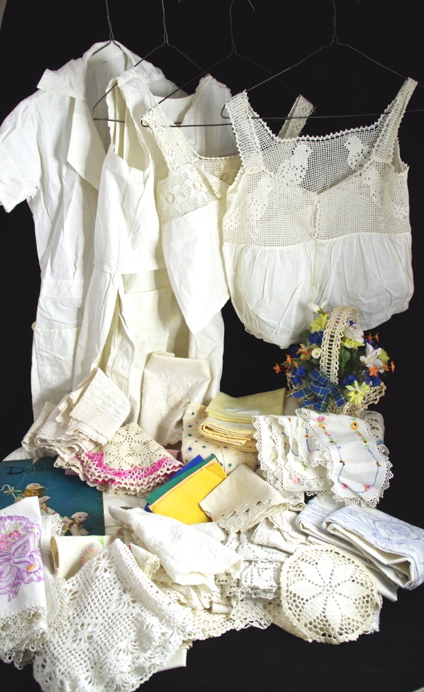 Collection of Lace and Embroidered Linens, with Vintage Clothing