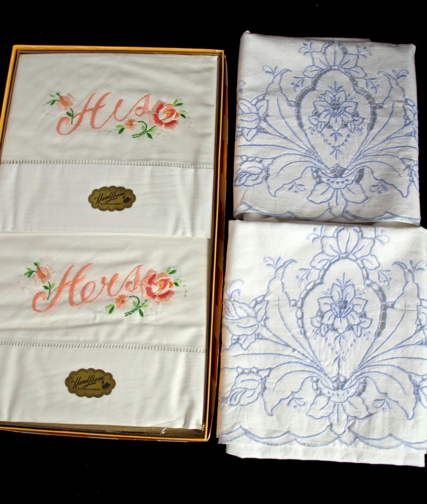 Collection of Lace and Embroidered Linens, with Vintage Clothing