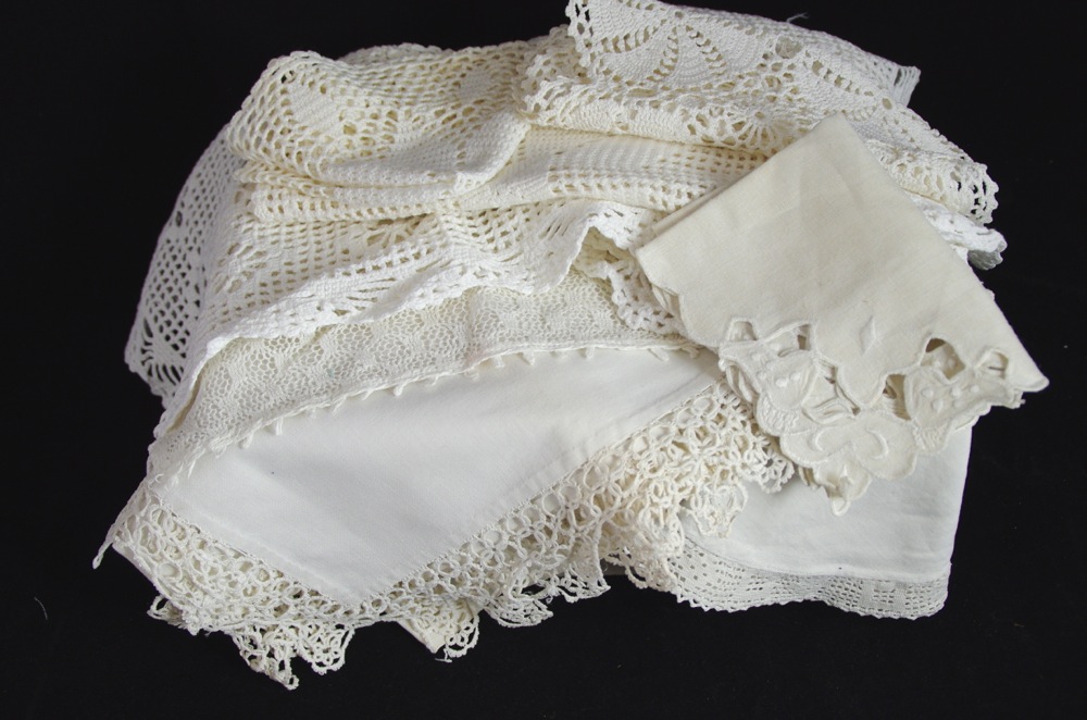 Collection of Lace and Embroidered Linens, with Vintage Clothing
