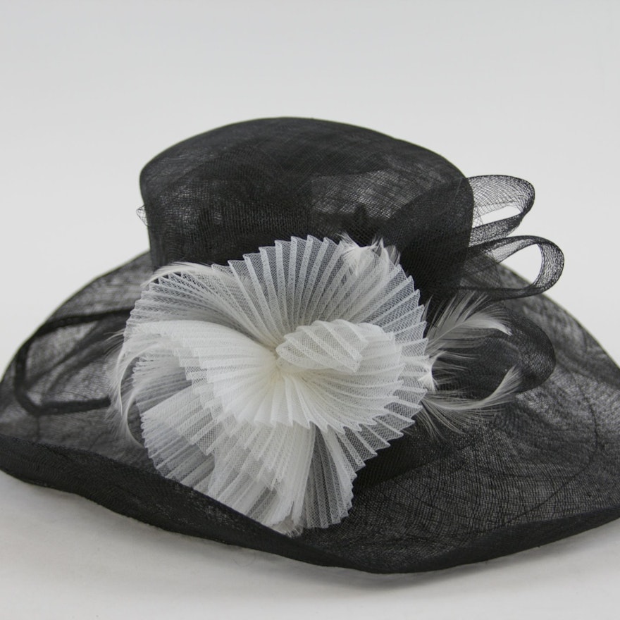 Large Brimmed Black and White Embellished Hat