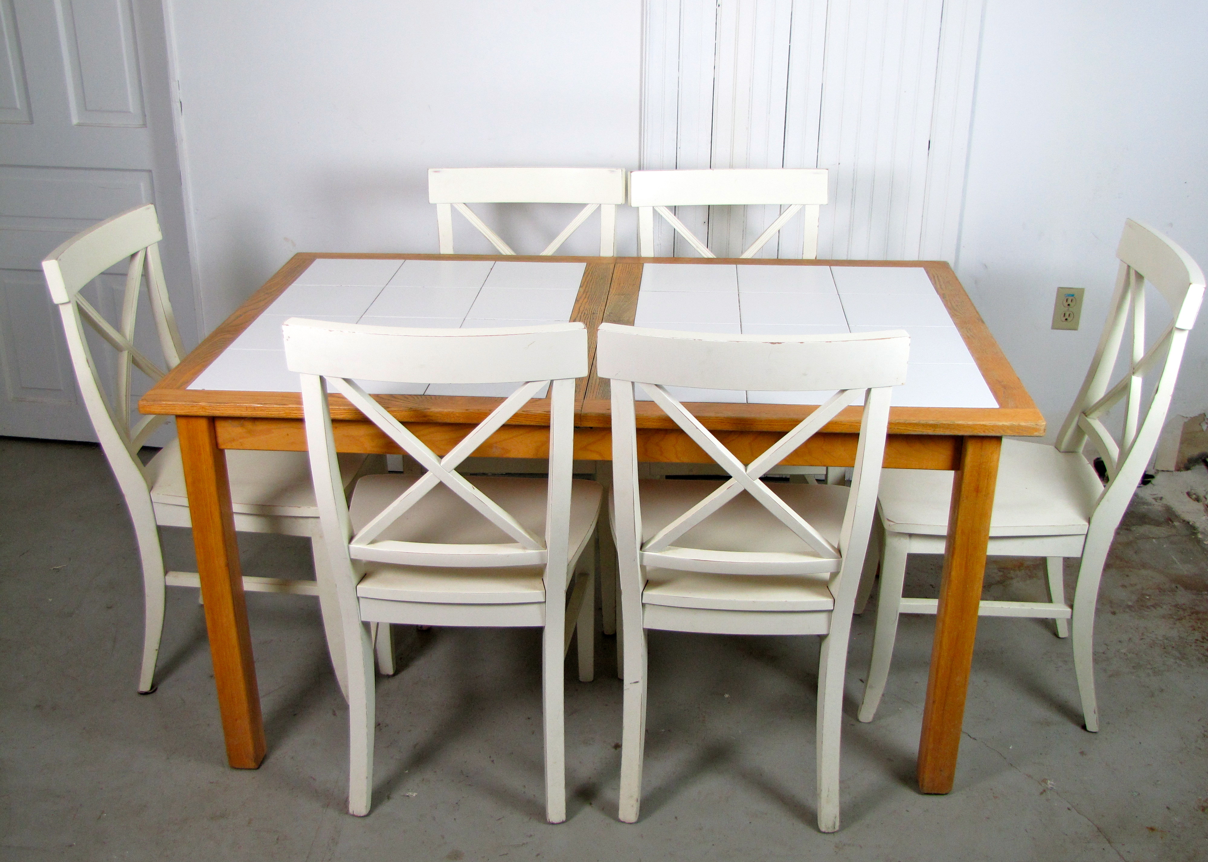 Tile Top Kitchen Table with Six Wooden Cross Back Side Chairs