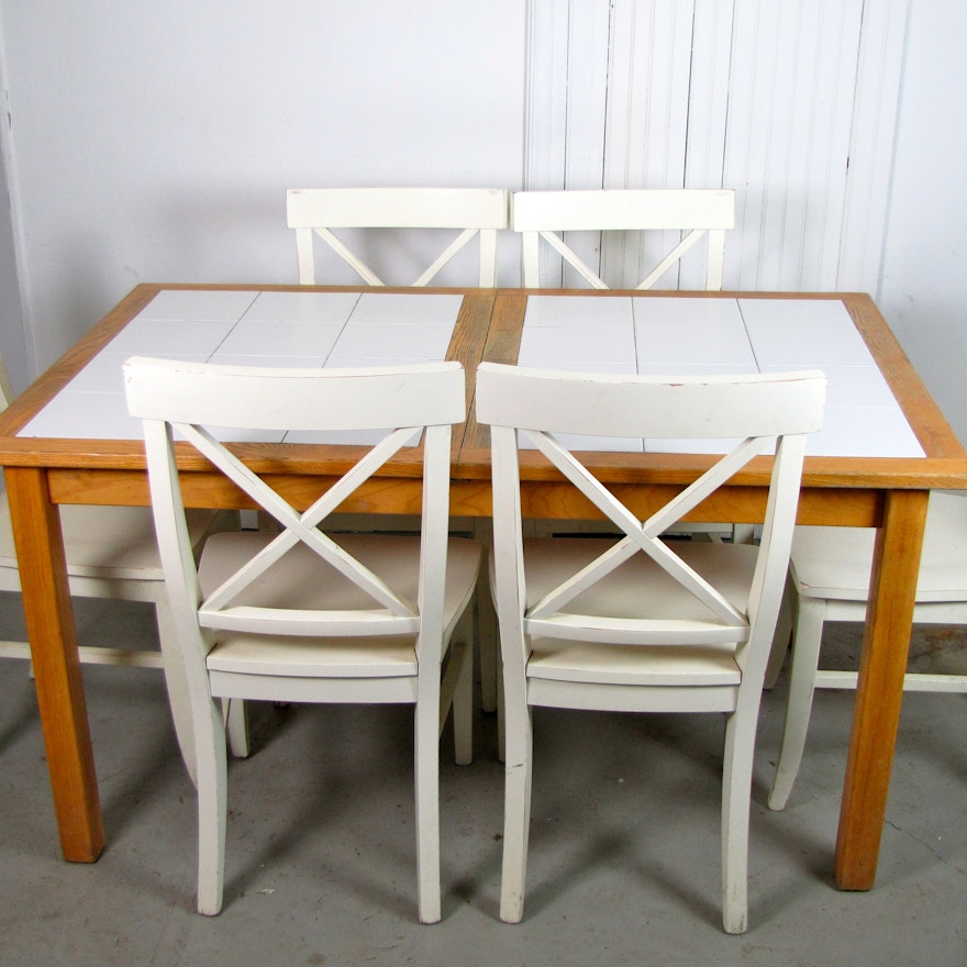 Tile Top Kitchen Table with Six Wooden Cross Back Side Chairs