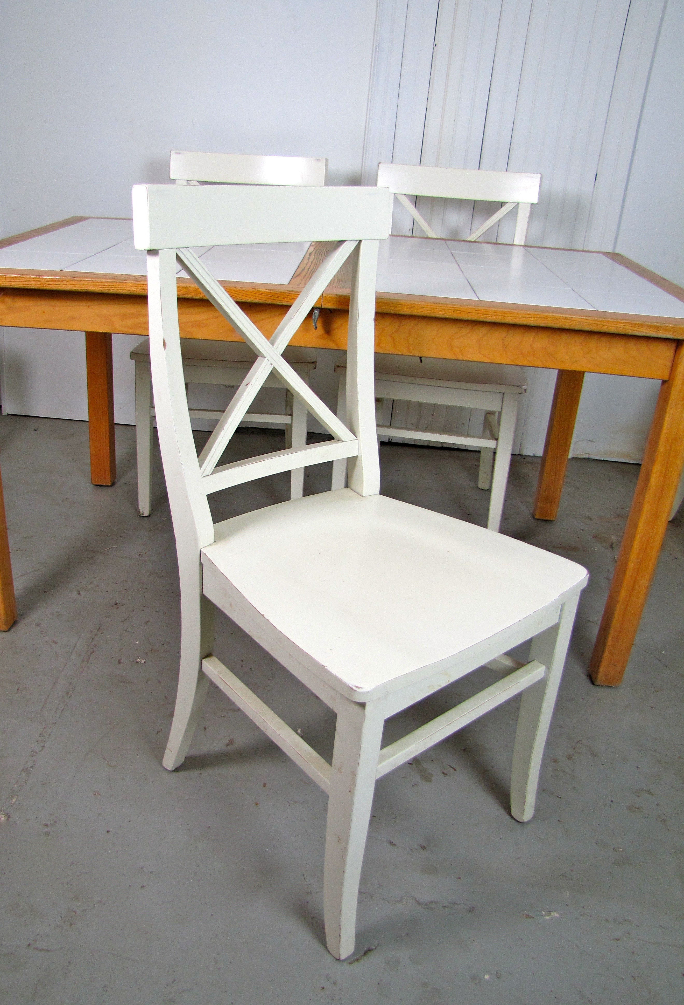 Tile Top Kitchen Table with Six Wooden Cross Back Side Chairs
