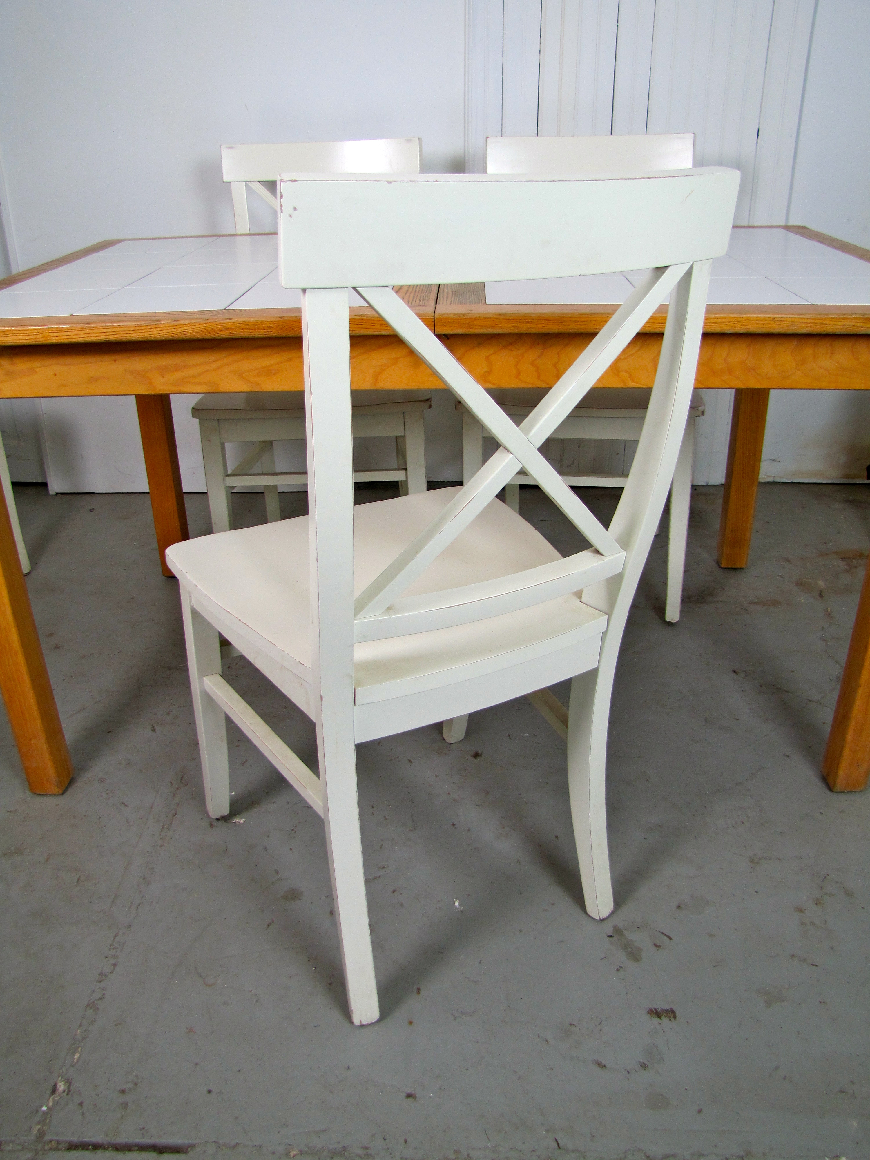 Tile Top Kitchen Table with Six Wooden Cross Back Side Chairs