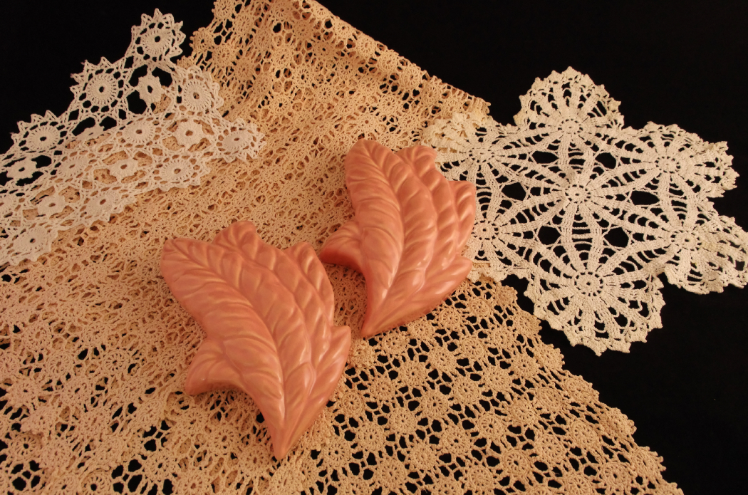 Pottery Wall Sconce Vases and Vintage Crochet Lace, Circa 1940's