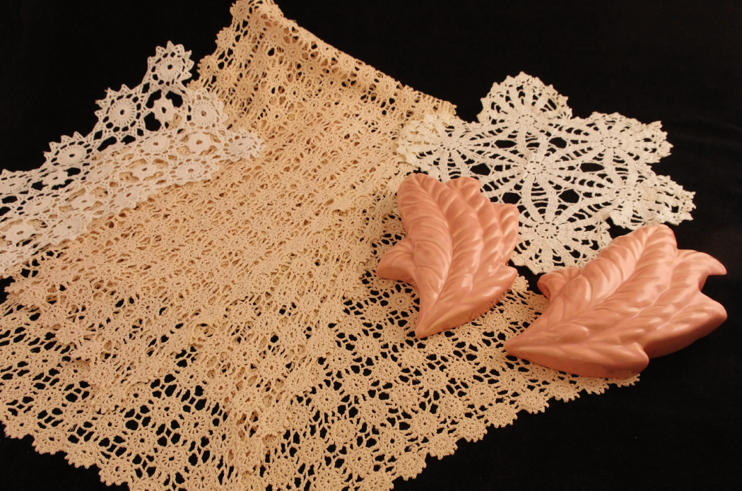 Pottery Wall Sconce Vases and Vintage Crochet Lace, Circa 1940's