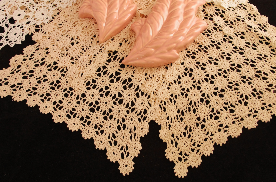 Pottery Wall Sconce Vases and Vintage Crochet Lace, Circa 1940's