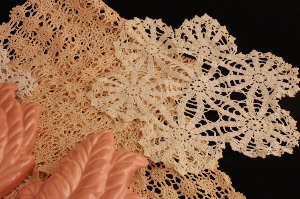 Pottery Wall Sconce Vases and Vintage Crochet Lace, Circa 1940's