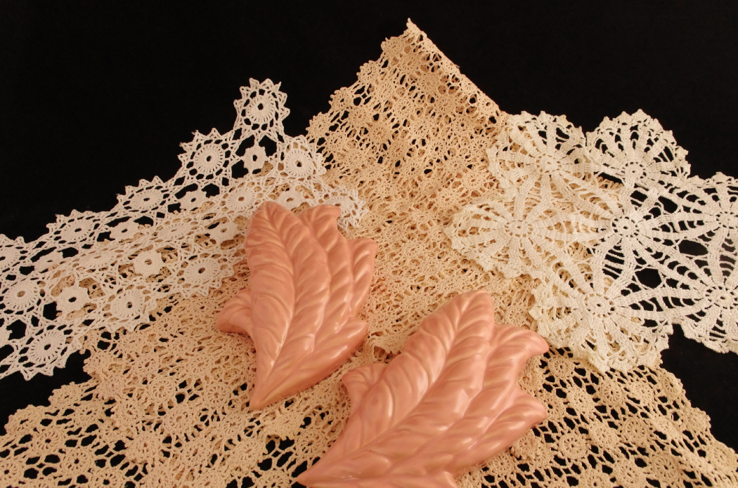 Pottery Wall Sconce Vases and Vintage Crochet Lace, Circa 1940's