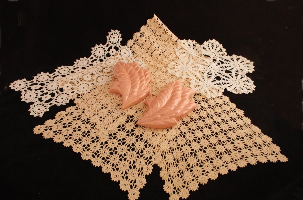 Pottery Wall Sconce Vases and Vintage Crochet Lace, Circa 1940's